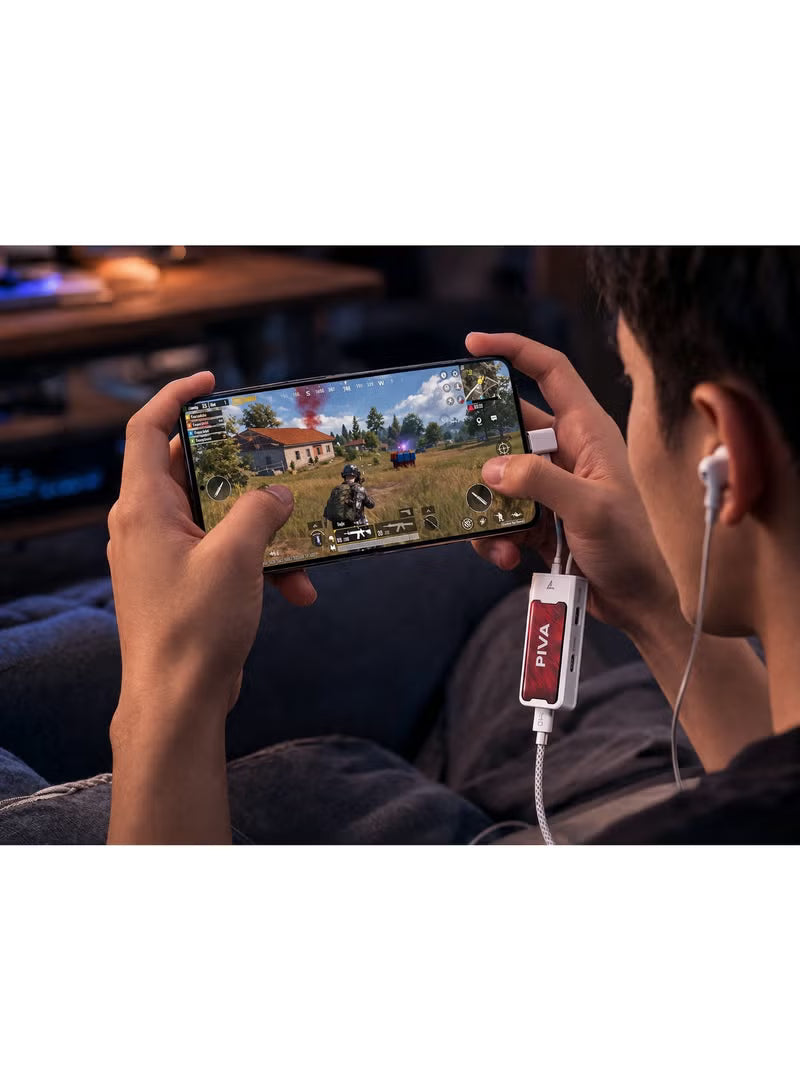 PIVA G41 4-in-1 Gaming Adapter & Converter, Type-C to 3.5mm Audio DAC 32Bit/384Khz & USB 2.0 Data Transfer Hub, PD 60W Fast Charging with Power Display, 480Mbps High-Speed, Compatible with RedMagic, iPad, iPhone, Samsung Mobile, Laptops, Mobile Phones