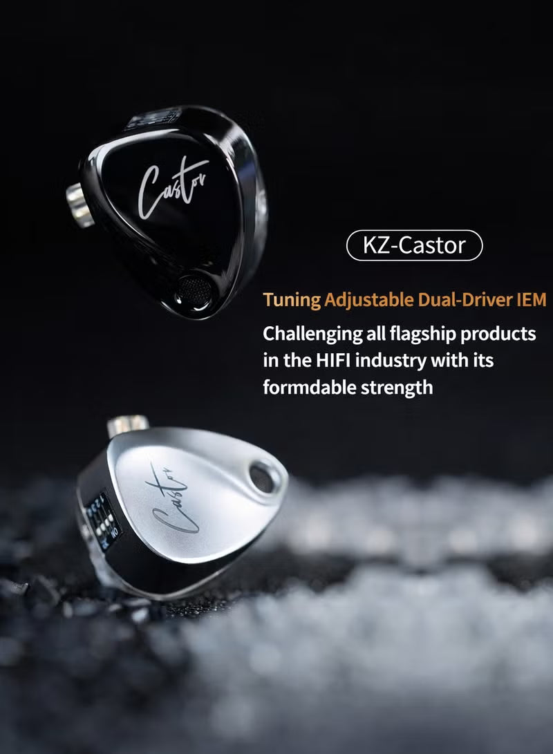 Z Castor Harman IEM Target Version IEM In-Ear Earphones – Dual Dynamic Drivers (10mm + 8mm), Tunable Sound with 4 Adjustment Switches (16 Profiles), Noise Isolating, 3.5mm, 0.75mm 2-Pin, Silver With Mic