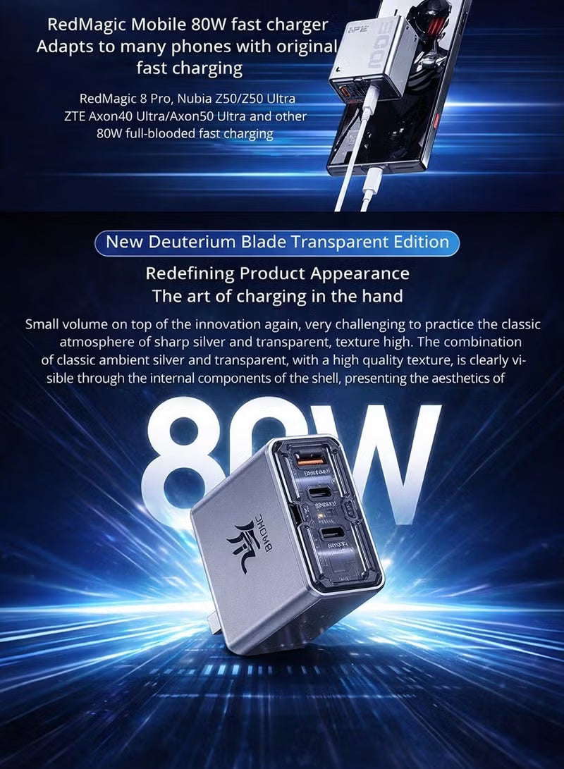 RedMagic 80W Fast Multi Charger, Three-Port Compact Design, Foldable Pins, NeoCharger 3.0, For RedMagic Astra, Nova, iPad, Tablets, iPhone, MacBook, Laptops - Includes Cable (US Version)