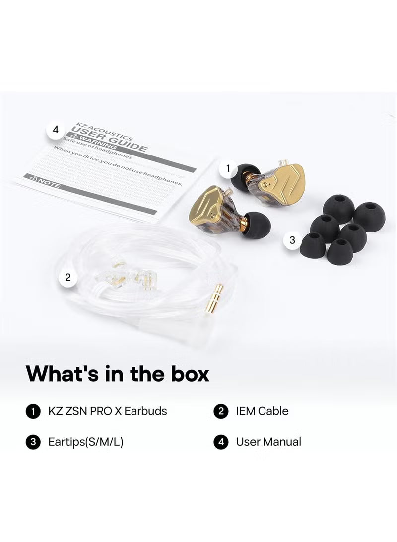KZ ZSN PRO X IEM Dual Driver 1BA+1DD Hybrid Metal Earphones HiFi in-Ear Monitor with Detachable Recessed 2Pin Cable, Zinc Alloy Panel (With Mic, Gold)