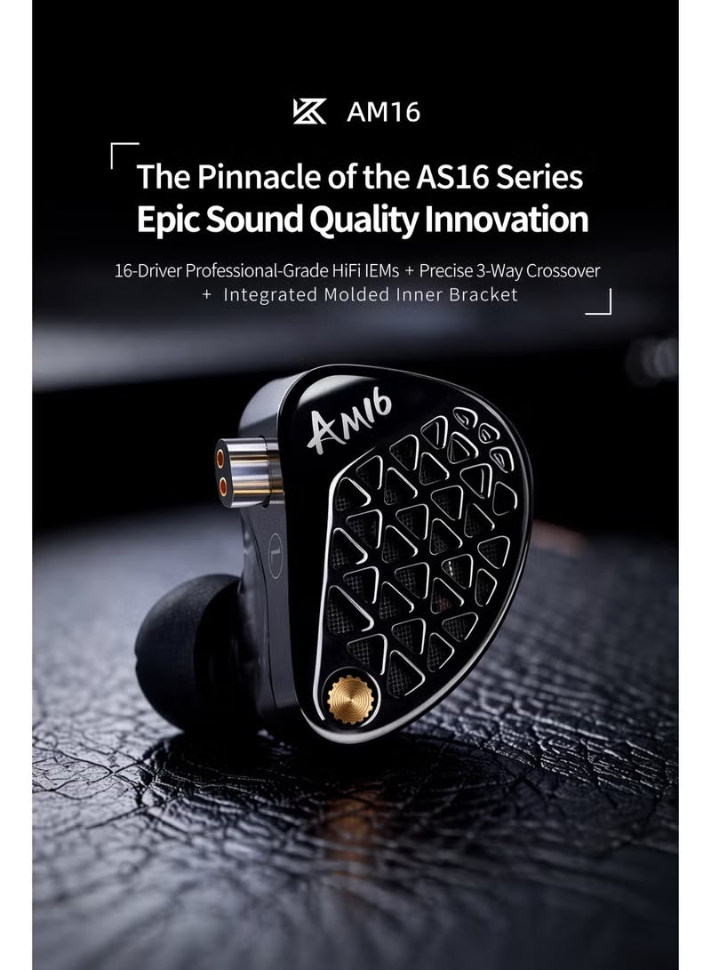 KZ AM16 IEM 16-Driver Bass Improved Armature In-Ear Monitor Earphones, HiFi Professional IEM with 3-Way Crossover, Ultra-Wide Frequency Response, 0.75 mm 2-Pin Cable, Studio-Grade Sound for Music & Gaming – Bass Improved Version with Mic