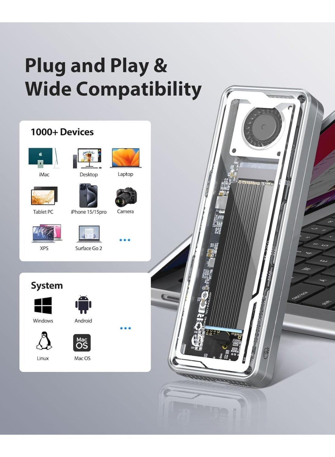 Orico ORICO 40Gbps USB4 M.2 NVMe SSD Enclosure, Active Cooling Fan, Tool-Free Al