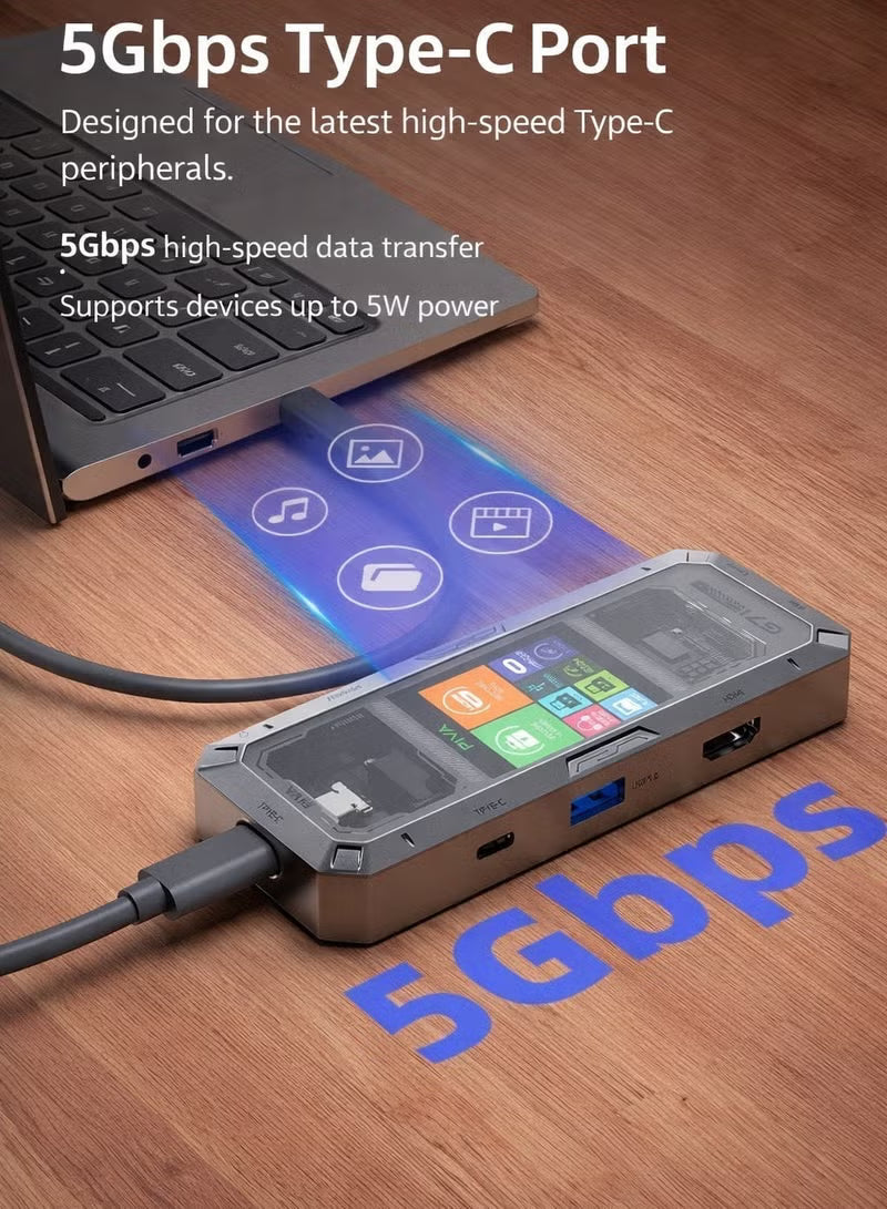 PIVA G71 USB-C 7-in-1 Smart Docking Station Multi-Function Hub with Built-in Display Screen, 4K HDMI, PD 100W Fast Charging, Gigabit Ethernet Adapter, USB 3.0 & Audio – Compatible with RedMagic, iPad, iPhone, Samsung & Laptops and PC