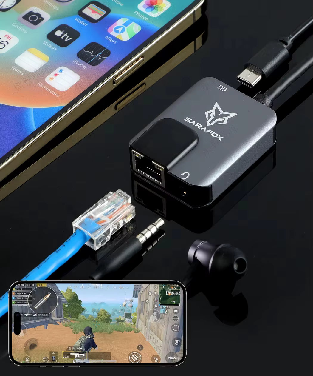 Sarafox 3in1 Type c To 3.5mm Audio with 1000mbp Rj45 network and PD3.0 Fast Charger For PUBG Gaming Razer Xiaomi Blackshark