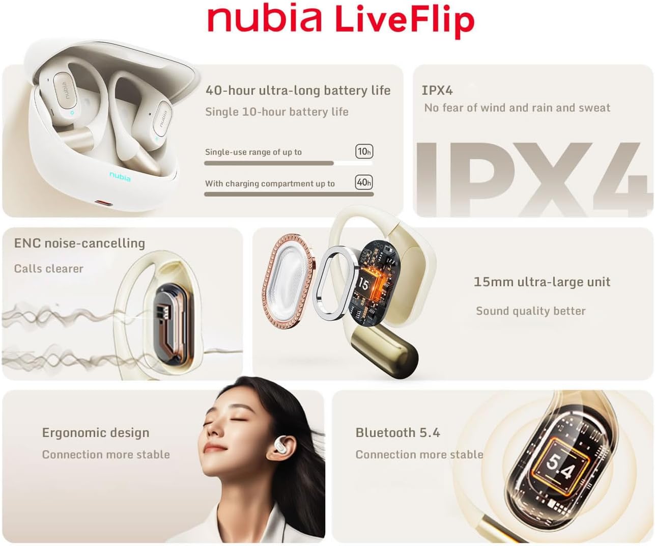 Nubia LiveFlip Wireless Earbuds, 15mm Ultra-Large Driver, 40-Hour Battery Life, IPX4 Water Resistant, Bluetooth 5.4, ENC Noise Cancelling For Perfect for Music & Gaming (UAE ONLY)