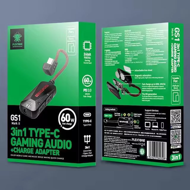 GS1 II  3in1 Gaming adapter 60W, with Adapter Type-C to 3.5mm Fast, Game Phone Sound Card Hi-Res-level Sound Quality  (LEBANON ONLY)