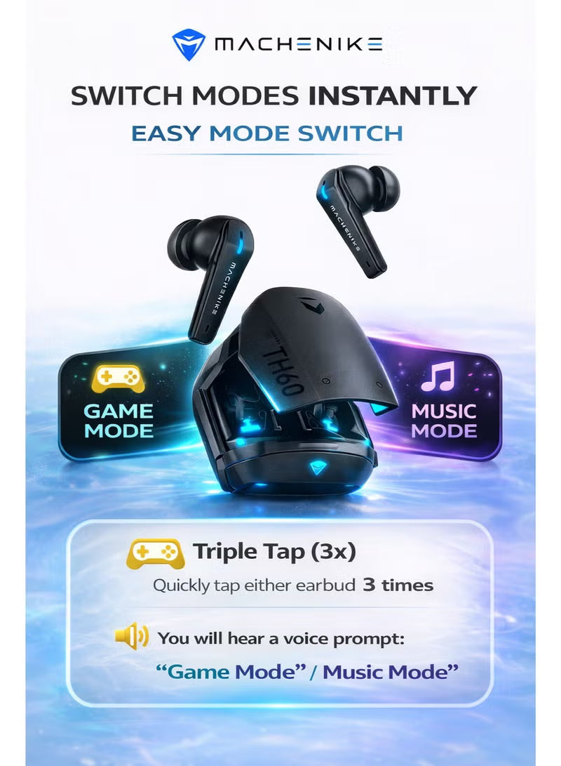 Machenike TH60 Gaming Earbuds TWS – Bluetooth 5.4, Ultra Low Latency Wireless Gaming AirPods, Dual Sound Modes (Gaming & Music), ENC Mic, IPX5 Water Resistant, Long Battery with Charging Case, USB-C Fast Charging – RedMagic, iPhone, iPad, Android, Samsung