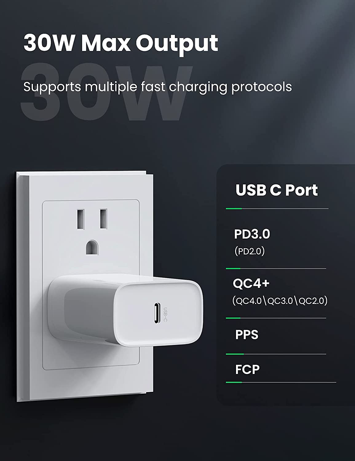 شاحن السفر UGREEN PD USB C شاحن متنقل 30 وات PD شاحن سريع USB C شحن محول الطاقة