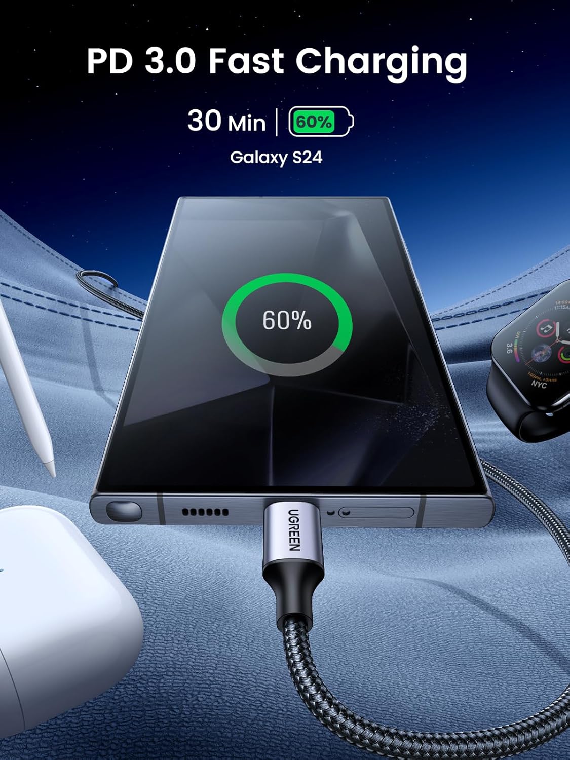 UGREEN USB C to USB-C Charger Cable 60W Type C to C 1 METER Lead Fast Charging Compatible With iPhone Air/17/16 Pro Max, Galaxy S25 Ultra, Pixel 9, iPad Pro 2024/Air 5, MacBook Pro (1M) (LEBANON ONLY)