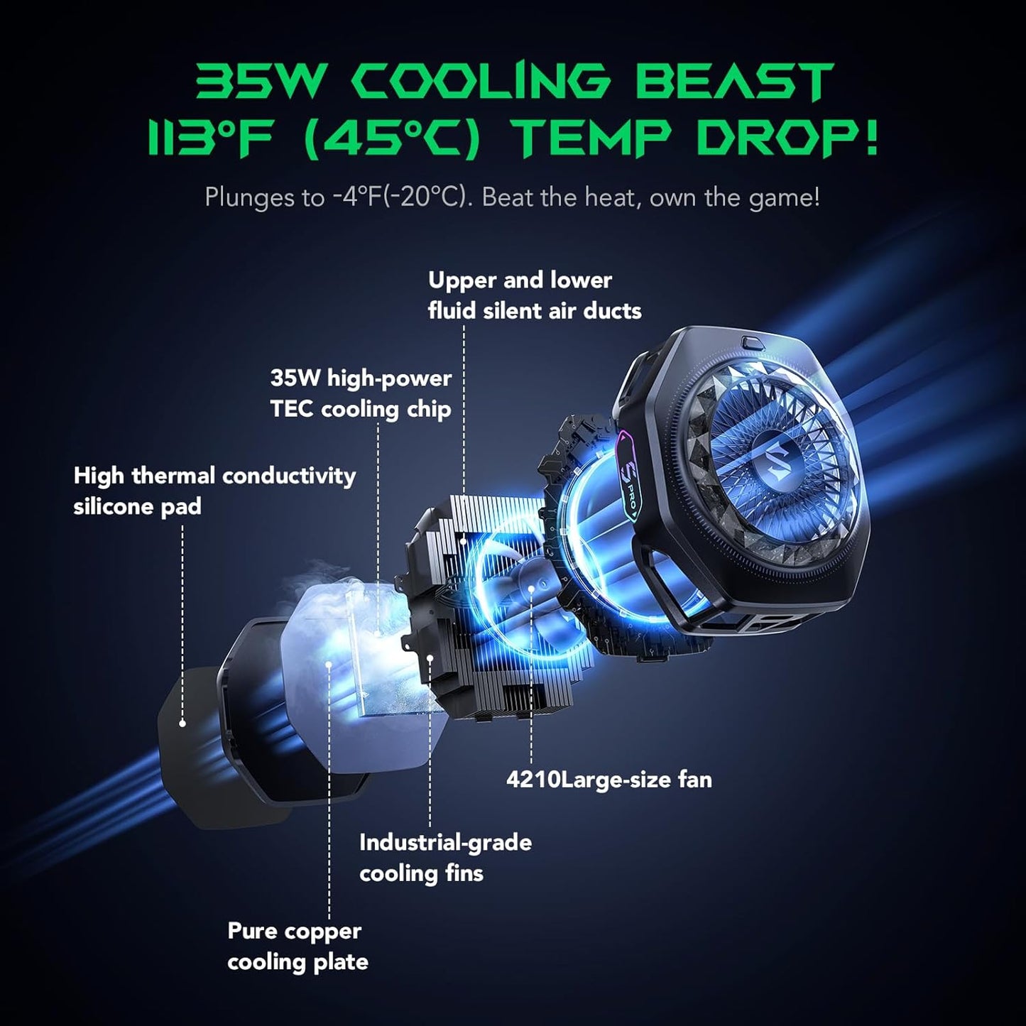 Black Shark Magnetic Phone Cooler 5 Pro - 18 Addressable RGB LEDs, Detachable Grip, APP-Controlled Thermostatic Cooling Fan for iPhone MagSafe/Android/iPad -Gaming/Streaming/Photography (LEBANON ONLY)