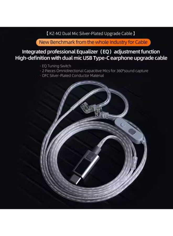 KZ M2 Type-C 0.78mm Silver-Plated Earphone Upgrade Cable, featuring Dual Microphones, High-Performance DAC Chip, Hi-Fi Audio Decoding, and Adjustable Sound Modes. Premium 0.78mm Type-C IEM Cable compatible with KZ ZS10 Pro 2 and other 0.78mm pin earphones