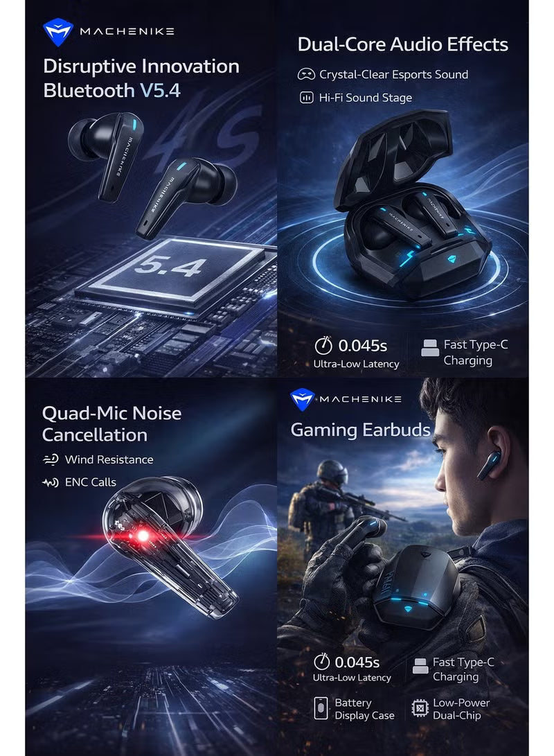 Machenike TH60 Gaming Earbuds TWS – Bluetooth 5.4, Ultra Low Latency Wireless Gaming AirPods, Dual Sound Modes (Gaming & Music), ENC Mic, IPX5 Water Resistant, Long Battery with Charging Case, USB-C Fast Charging – RedMagic, iPhone, iPad, Android, Samsung