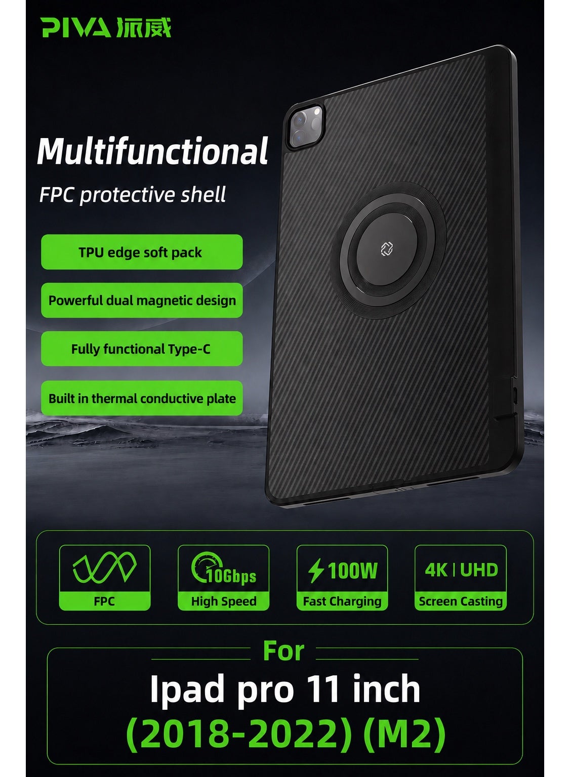PIVA Gaming 3-in-1 iPad Protective Case with FPC Tail Plug, Built-In Magnetic Ri
