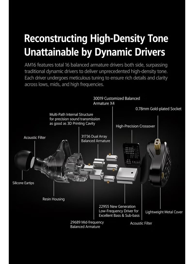 KZ AM16 IEM 16-Driver Bass Improved Armature In-Ear Monitor Earphones, HiFi Professional IEM with 3-Way Crossover, Ultra-Wide Frequency Response, 0.75 mm 2-Pin Cable, Studio-Grade Sound for Music & Gaming – Bass Improved Version with Mic