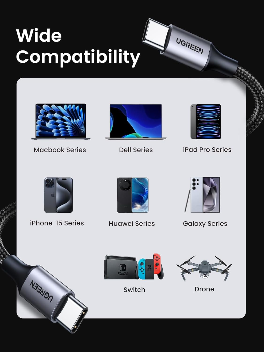 UGREEN USB C to USB-C Charger Cable 60W Type C to C 1 METER Lead Fast Charging Compatible With iPhone Air/17/16 Pro Max, Galaxy S25 Ultra, Pixel 9, iPad Pro 2024/Air 5, MacBook Pro (1M) (LEBANON ONLY)