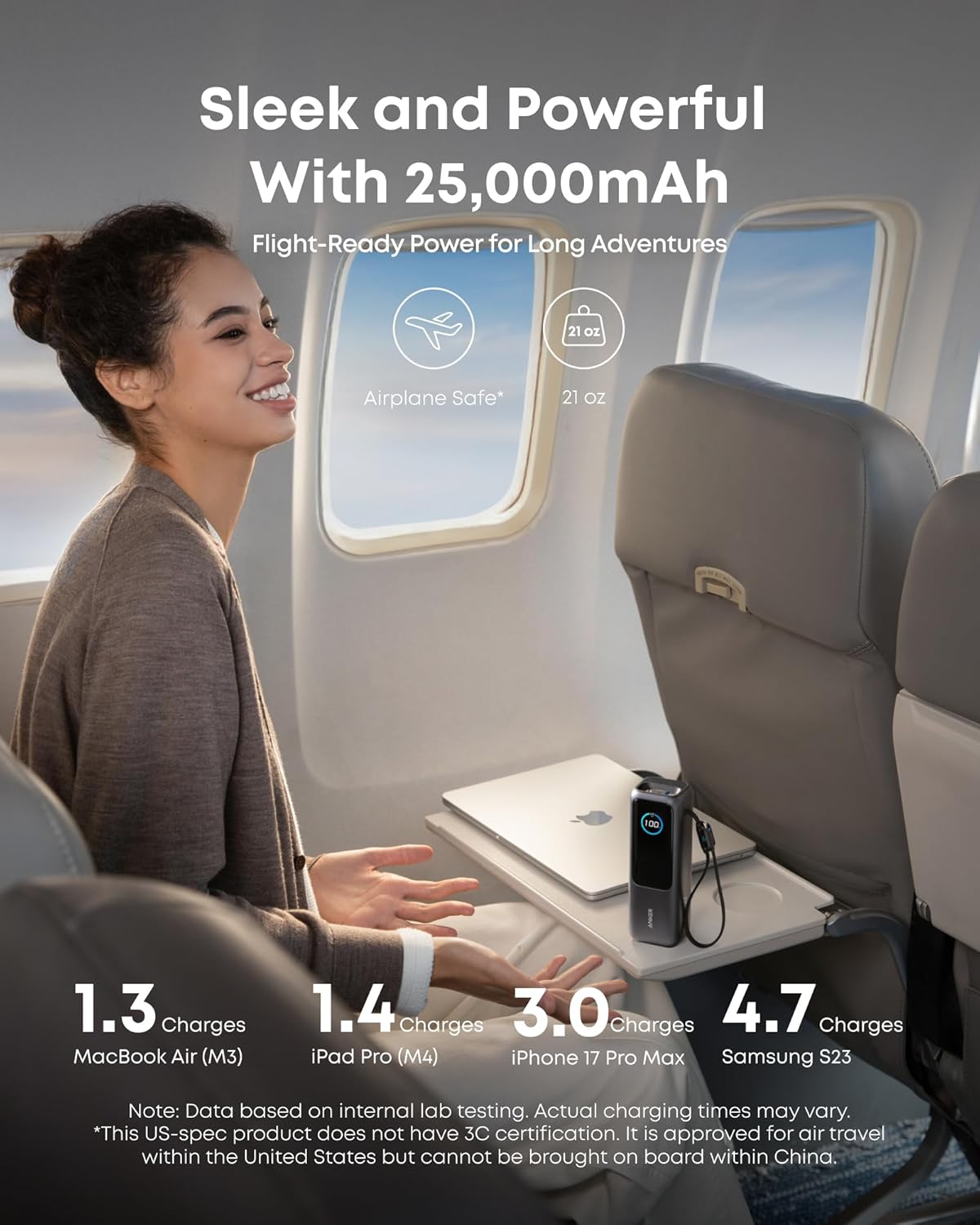 بنك طاقة للكمبيوتر المحمول Anker، شاحن محمول بسعة 25,000 مللي أمبير في الساعة مع منافذ USB-C ثلاثية بقدرة 100 وات، وكابلات مدمجة قابلة للسحب، ومعتمد للطيران للسفر، وسلسلة iPhone 17/16، وسامسونج، والمزيد