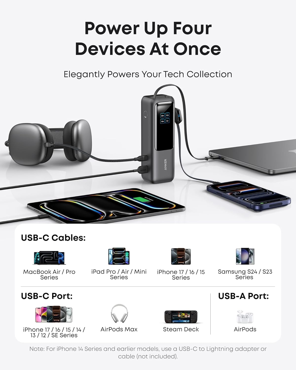 بنك طاقة للكمبيوتر المحمول Anker، شاحن محمول بسعة 25,000 مللي أمبير في الساعة مع منافذ USB-C ثلاثية بقدرة 100 وات، وكابلات مدمجة قابلة للسحب، ومعتمد للطيران للسفر، وسلسلة iPhone 17/16، وسامسونج، والمزيد