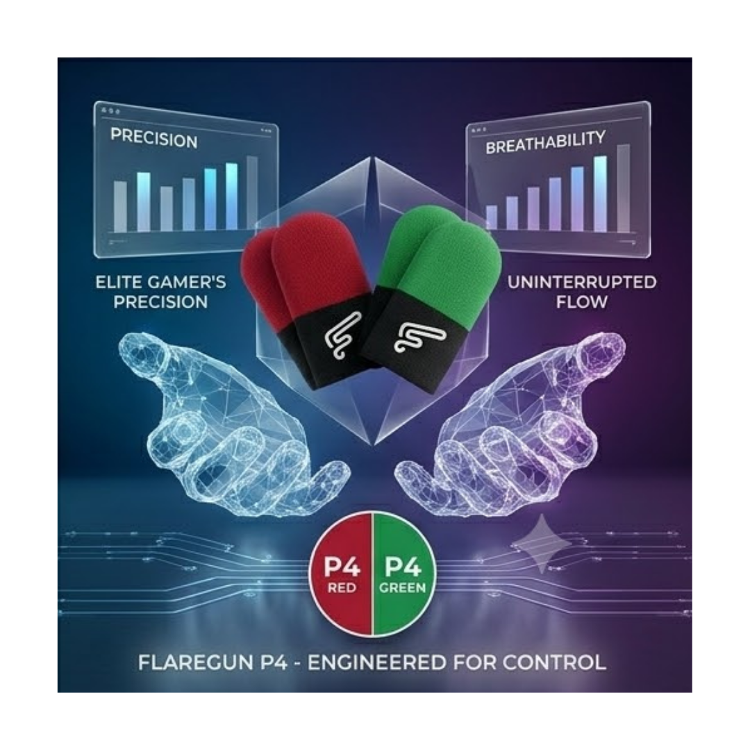 Flaregun P4 Gaming Finger Sleeves, Silver-Fiber Touchscreen Covers, Dual Colour 4-Pack (2× Black + Green and 2× Black + Red) for PUBG Mobile, Call of Duty Mobile, iPad and Tablet Gaming