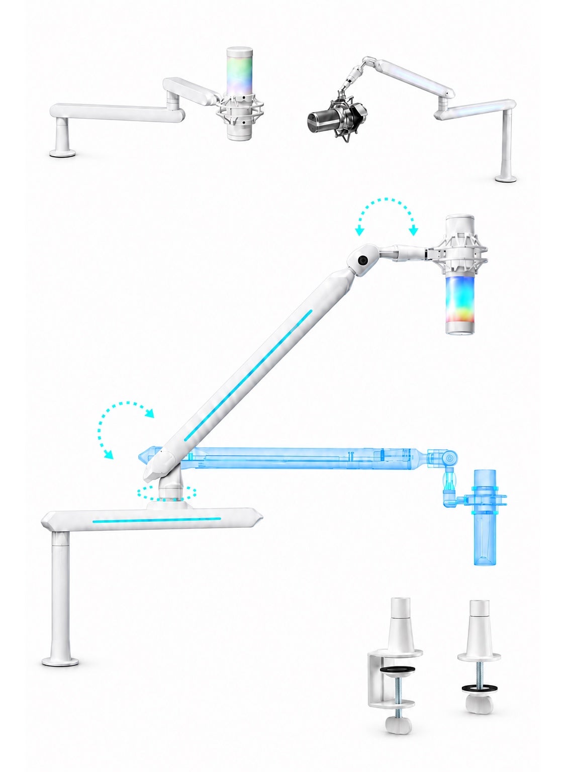 Mic Stand 3 in 1, Convertible Low Profile Arm and Holder for Studio, Streaming, Gaming, Podcasting and Recording by HUMANEX, RGB 3-Section Boom Arm Compatible with FIFINE Mics, RØDE NT1, HyperX QuadCast and Shure SM7B, Clamp and Grommet Mount, White