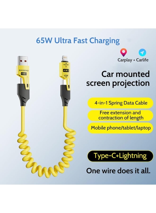 Basemo 4-in-1 Spring Data Cable, 65W USB-C Multi Fast Charging Cable 5FT, Multi