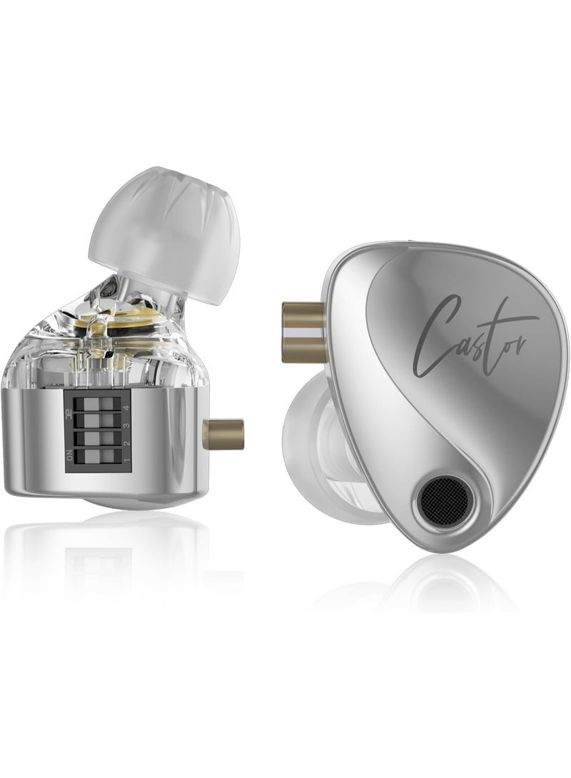 Z Castor Harman IEM Target Version IEM In-Ear Earphones – Dual Dynamic Drivers (10mm + 8mm), Tunable Sound with 4 Adjustment Switches (16 Profiles), Noise Isolating, 3.5mm, 0.75mm 2-Pin, Silver With Mic