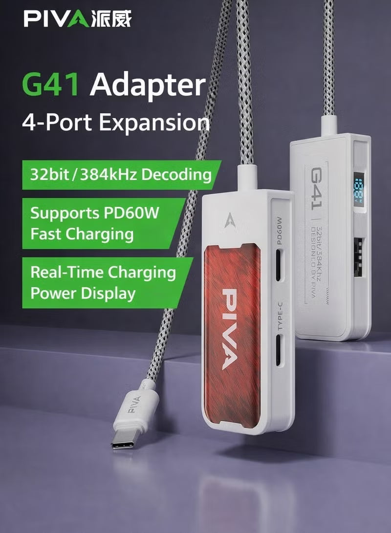 PIVA G41 4-in-1 Gaming Adapter & Converter, Type-C to 3.5mm Audio DAC 32Bit/384Khz & USB 2.0 Data Transfer Hub, PD 60W Fast Charging with Power Display, 480Mbps High-Speed, Compatible with RedMagic, iPad, iPhone, Samsung Mobile, Laptops, Mobile Phones