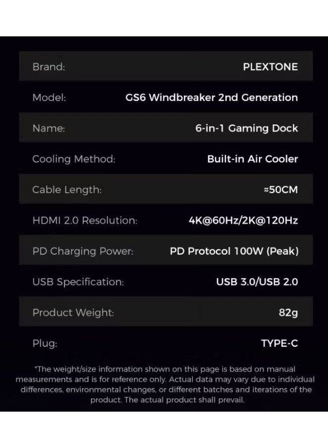 PLEXTONE GS6 Gen 2 USB-C 6-in-1 Gaming Docking Station Hub with Built-in Turbo Fan Cooling, 2K 120Hz & 4K 60Hz HDMI Output, PD 100W Fast Charging, Dual USB High-Speed Data, 3.5mm/USB/Type-C Audio Support – Compatible with iPad Pro, RedMagic, Samsung, OneP