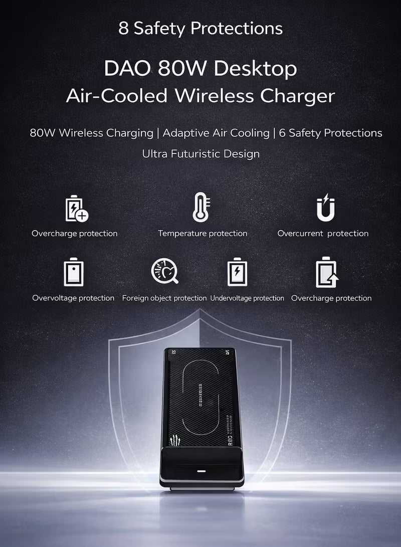 C 80W Fast Wireless Charger – Air-Cooled Wireless Charging with 5000 RPM Fan, Dual-Use Charger & Phone Stand, Carbon Fiber Texture, Multi-Device Compatibility, 8-Level Safety Protection, Includes 120W Power Adapter, For iPhone 17 and below, Samsung, Redma