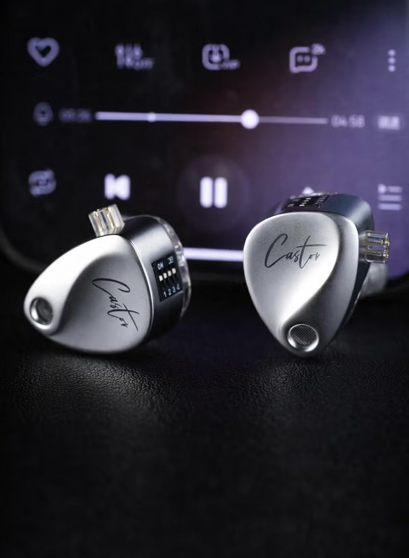 Z Castor Harman IEM Target Version IEM In-Ear Earphones – Dual Dynamic Drivers (10mm + 8mm), Tunable Sound with 4 Adjustment Switches (16 Profiles), Noise Isolating, 3.5mm, 0.75mm 2-Pin, Silver With Mic