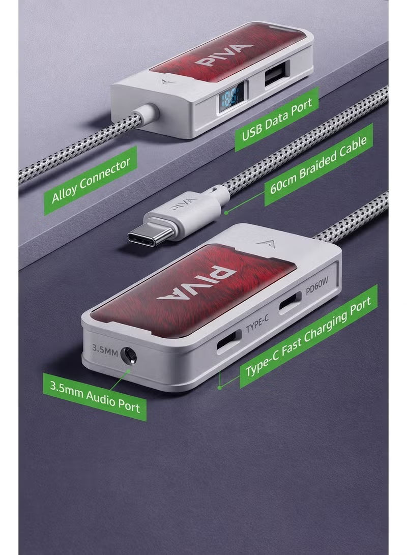 PIVA G41 4-in-1 Gaming Adapter & Converter, Type-C to 3.5mm Audio DAC 32Bit/384Khz & USB 2.0 Data Transfer Hub, PD 60W Fast Charging with Power Display, 480Mbps High-Speed, Compatible with RedMagic, iPad, iPhone, Samsung Mobile, Laptops, Mobile Phones