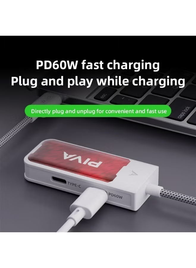 PIVA G41 4-in-1 Gaming Adapter & Converter, Type-C to 3.5mm Audio DAC 32Bit/384Khz & USB 2.0 Data Transfer Hub, PD 60W Fast Charging with Power Display, 480Mbps High-Speed, Compatible with RedMagic, iPad, iPhone, Samsung Mobile, Laptops, Mobile Phones