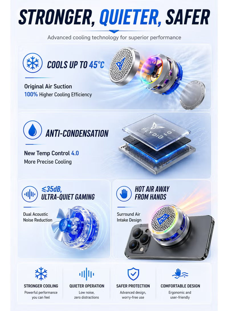 DigiFlydigi B9X Phone & iPad Cooler, 30W (-45°C) RGB Magnetic Cooling Fan with App Control, Ultra-Quiet Portable Cooling Pad, Strong Magnetic Attachment for iPhone, Android, RedMagic & iPad – Built for Intense Gaming, Perfect for FPS Games like PUBG Mobil