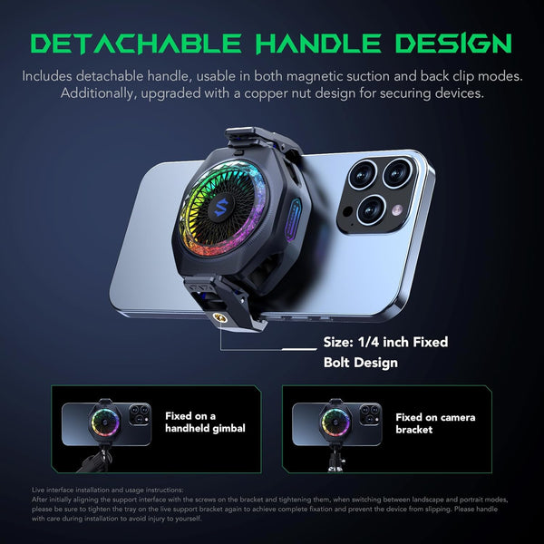 Black Shark Magnetic Phone Cooler 5 Pro - 18 Addressable RGB LEDs, Detachable Grip, APP-Controlled Thermostatic Cooling Fan for iPhone MagSafe/Android/iPad -Gaming/Streaming/Photography