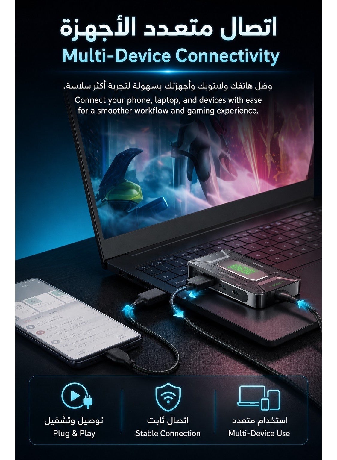 PIVA DS7 7-in-1 USB-C Docking Station & Gaming Hub – 4K@60Hz HDR Video, 100W PD Fast Charging, 32Bit/384KHz Hi-Fi Audio, Gigabit Ethernet, USB 3.1 Data Transfer for Streaming & Recording – Compatible with RedMagic, iPhone, iPad, Android & Laptops