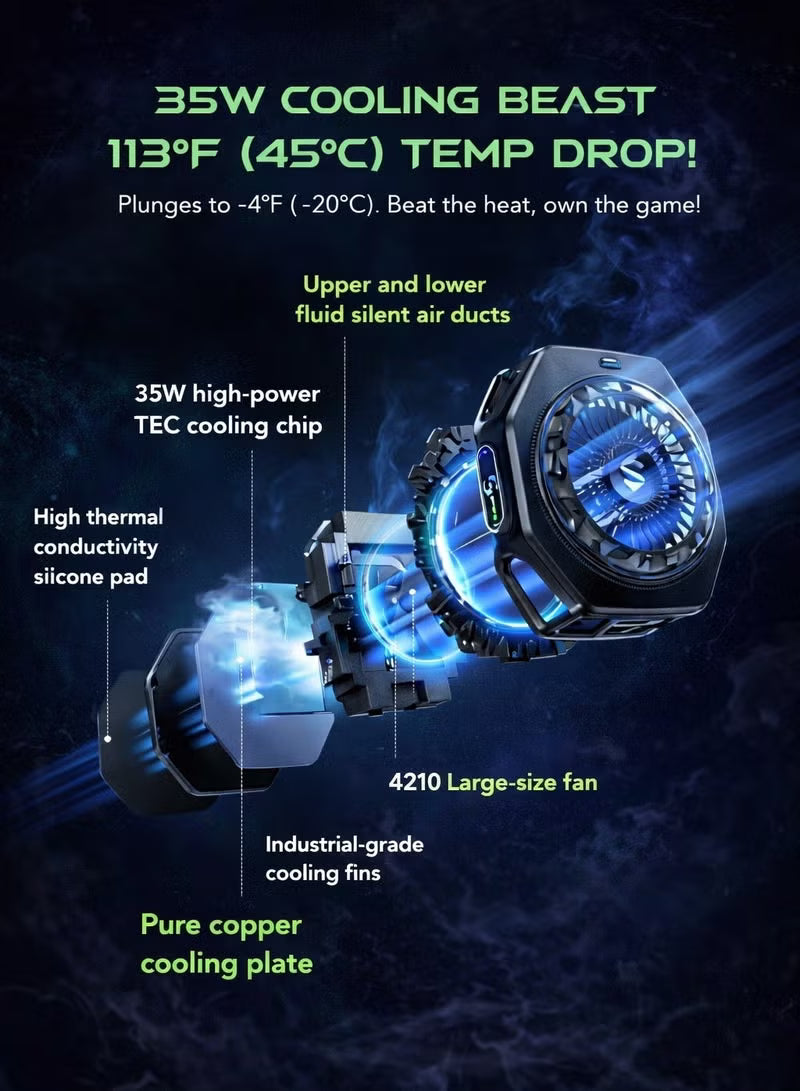 Phone Cooler Black Shark 5 Pro Magnetic Phone/Tablet Cooler – 35W Ultra-Cooling Gaming Fan with 45W Adapter, RGB LED, APP Smart Temperature Control, Detachable Handle – For iPhone, RedMagic, Samsung, Android, iPad & Tablets (Perfect for PUBG Mobile & COD)