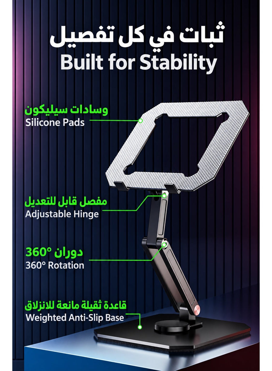 Tablet Stand PIVA All-Metal Gaming Tablet Stand, 360° Rotating Adjustable iPad Holder with 180° Multi-Angle Hinges, Heavy-Duty Weighted Base, Foldable Desktop Stand, Open Cooling Design for iPad, Tablets, Gaming, Work & Study