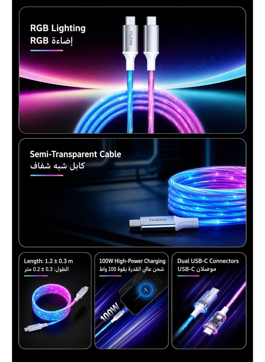 Nubia GT Original 100W RGB USB C Fast Charging Cable, Semi Transparent, 5A E-Marker Cable for RedMagic, Nubia, Astra, Samsung Galaxy, Android, iPad and iPhone 15/16/17