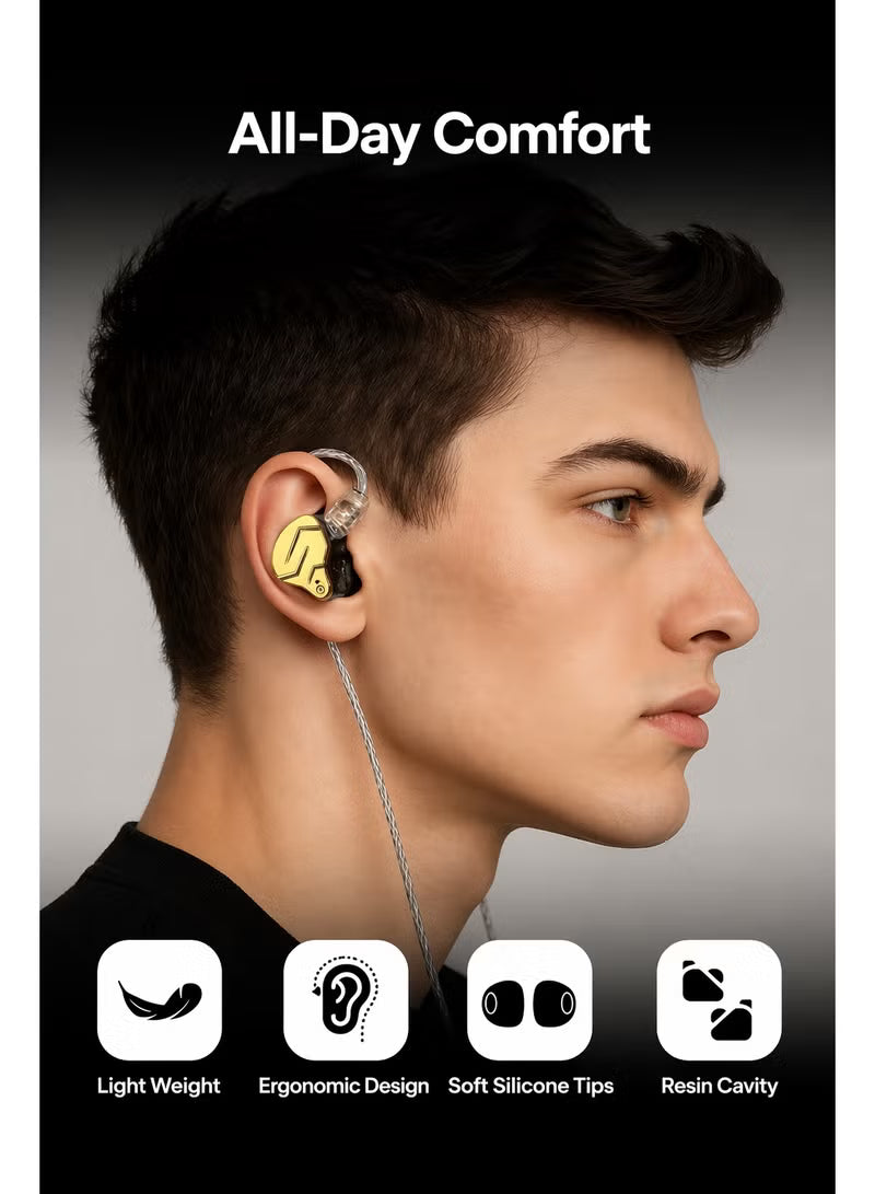 KZ ZSN PRO X IEM Dual Driver 1BA+1DD Hybrid Metal Earphones HiFi in-Ear Monitor with Detachable Recessed 2Pin Cable, Zinc Alloy Panel (With Mic, Gold)