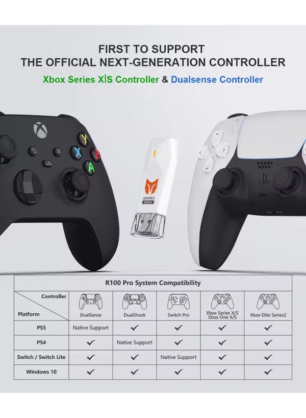 محول تحكم لاسلكي BIGBIG WON R100 Pro لـ PS5 و PS4 و Xbox Series X|S و Xbox One Elite Series و Nintendo Switch وجهاز الكمبيوتر الشخصي - محول Bluetooth للألعاب بزمن استجابة منخفض مع وظيفة Turbo واهتزاز وتشغيل فوري لألعاب FPS التنافسية
