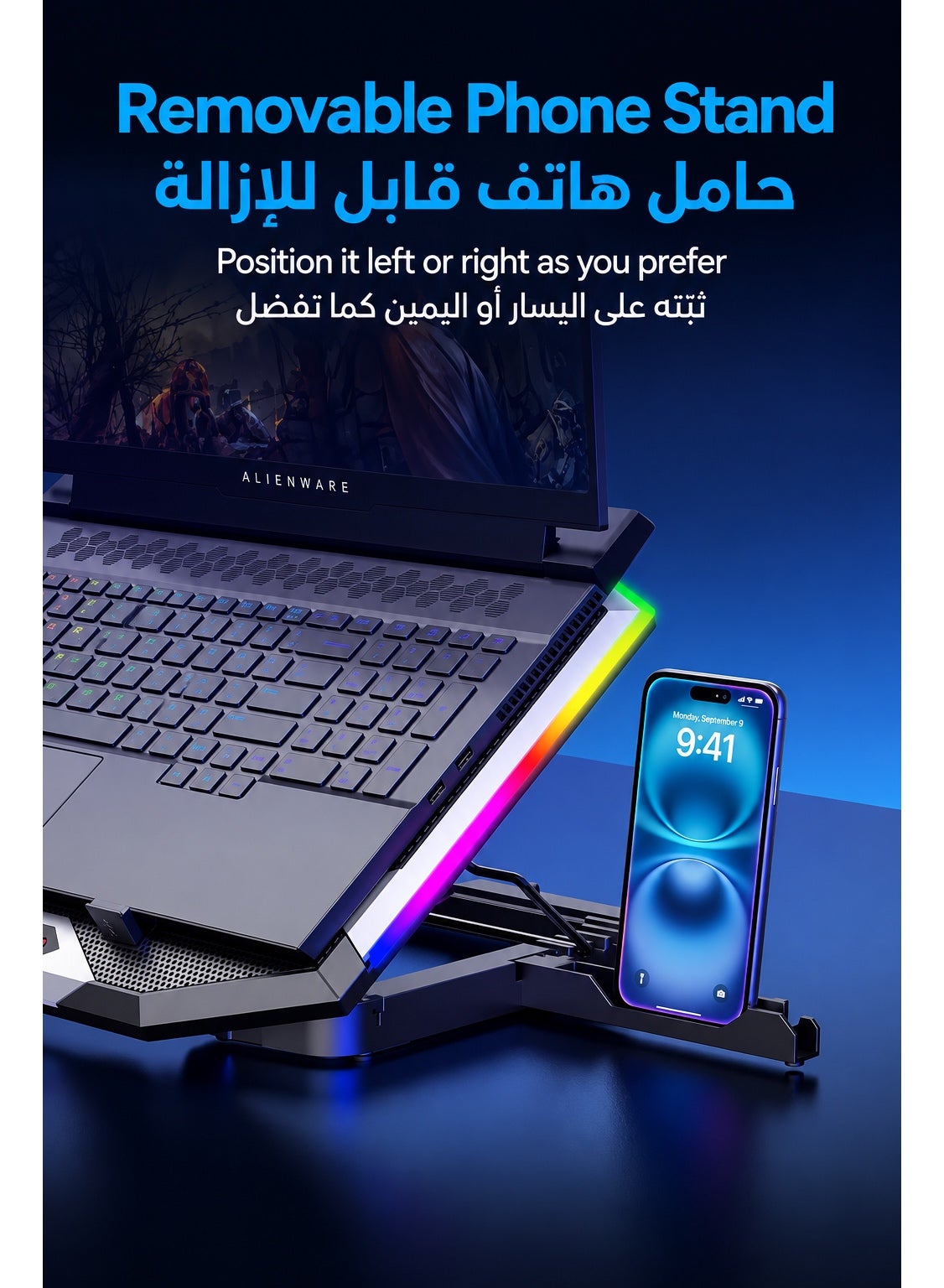 Laptop Cooling Pad Ice Coorel K10 with 8 Turbo Fans 2000–2800RPM, RGB Gaming Cooler for 13.3–19.7 Inch Laptops, Digital Control Panel, 7 RGB Modes, 6 Adjustable Heights, Removable Phone Stand for ASUS ROG, Alienware, Lenovo Legion, MSI, Acer Predator
