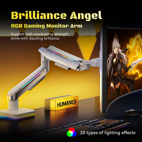 Humanex Brilliance Angel Premium Professional RGB Gaming Monitor Arm, Heavy Duty Single Monitor Desk Mount for 17–35″ Screens, Supports up to 18 kg, Full Motion Tilt, Swivel and 360° Screen Rotation, 20 RGB Lighting Modes, VESA 75×75 / 100×100, Bu