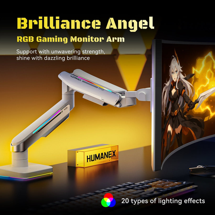 Humanex Brilliance Angel Premium Professional RGB Gaming Monitor Arm, Heavy Duty Single Monitor Desk Mount for 17–35″ Screens, Supports up to 18 kg, Full Motion Tilt, Swivel and 360° Screen Rotation, 20 RGB Lighting Modes, VESA 75×75 / 100×100, Bu