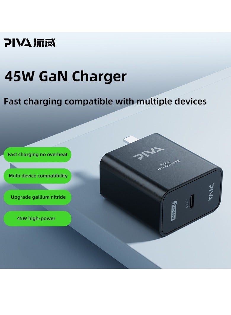PIVA CG445 45W GaN Fast Charger – Compact USB-C Power Delivery Adapter with PD 3.0 for iPhone, iPad, Android Phones, Tablets & Gaming Devices – Black
