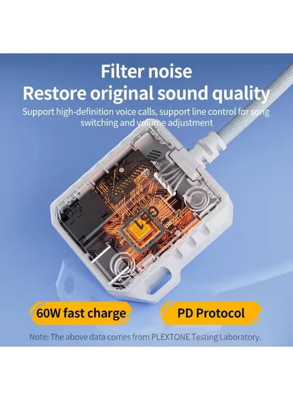 محول Plextone GS1 بـ Type-C ثنائي الوظيفة (Dongle)، مجاك سماعة رأس وشحن Type-C مزدوج مع شحن سريع 60W، صوت عالي الدقة، بدون تأخير، مدعوم بميكروفون، محول USB-C بدون الحاجة إلى برامج تشغيل – متوافق مع iPhone و RedMagic و Samsung و iPad والأجهزة اللوحية