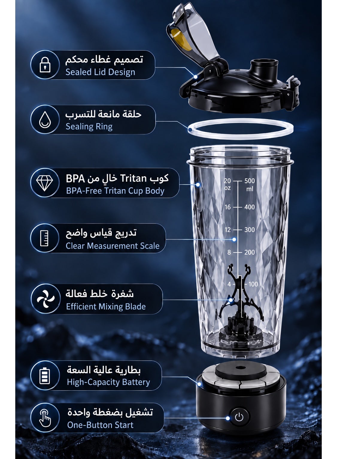 Electric Shaker Bottle 500ml, Automatic 6500RPM Protein Shaker Cup for Gym, Fitness, Sports & Workout, Magnetic Charging, One-Touch Mixing, Detachable Washable BPA-Free Tritan Cup for Protein Powder, Coffee, Milk, Pre-Workout & Shakes - Light Blue