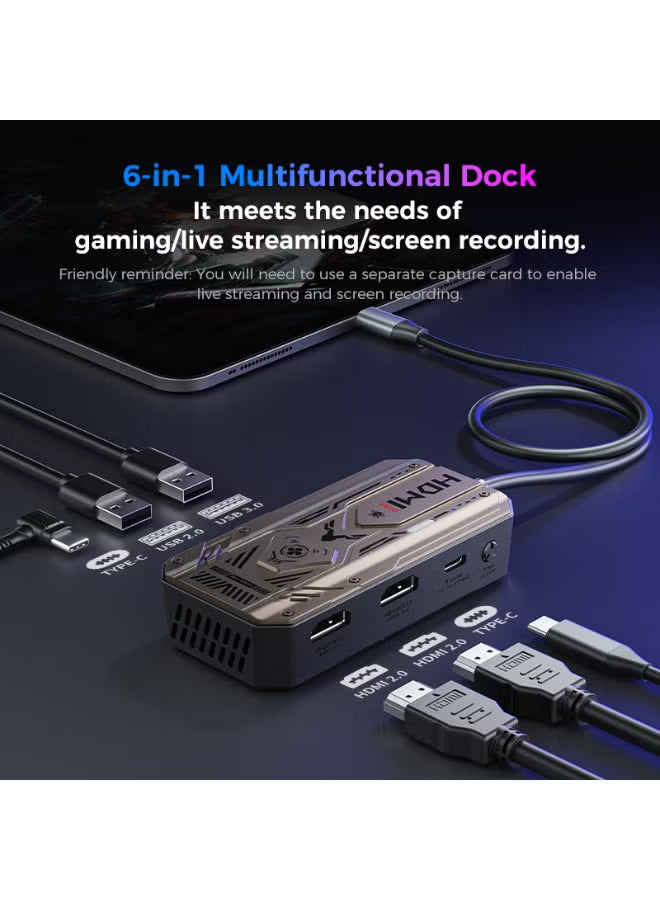 PLEXTONE GS6 Gen 2 USB-C 6-in-1 Gaming Docking Station Hub with Built-in Turbo Fan Cooling, 2K 120Hz & 4K 60Hz HDMI Output, PD 100W Fast Charging, Dual USB High-Speed Data, 3.5mm/USB/Type-C Audio Support – Compatible with iPad Pro, RedMagic, Samsung, OneP