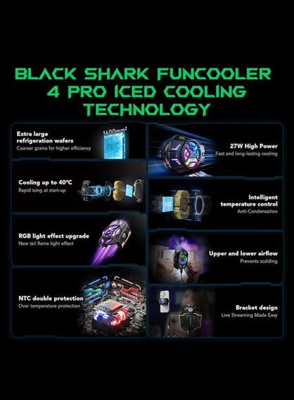 مبرد الهاتف بلاك شارك Black Shark 4 Pro بقوة ٢٧ واط – مروحة تبريد ذكية مع أوضاع تبريد وتحكم عبر التطبيق وإضاءة RGB – مثالي للألعاب، البث المباشر، والقيادة – متوافق مع هواتف آيفون وأندرويد من ٦٧ إلى ٨٨ ملم – للاستخدام مع الهواتف فقط