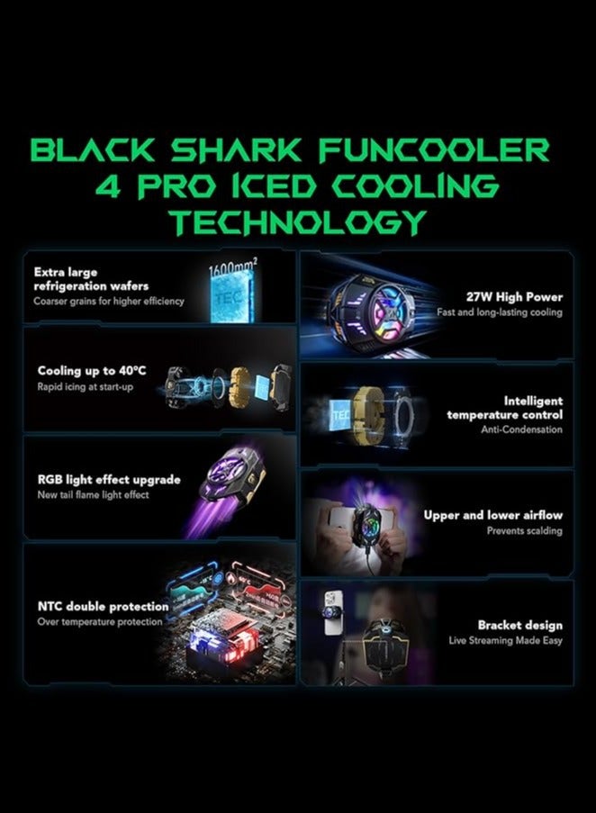 مبرد الهاتف بلاك شارك Black Shark 4 Pro بقوة ٢٧ واط – مروحة تبريد ذكية مع أوضاع تبريد وتحكم عبر التطبيق وإضاءة RGB – مثالي للألعاب، البث المباشر، والقيادة – متوافق مع هواتف آيفون وأندرويد من ٦٧ إلى ٨٨ ملم – للاستخدام مع الهواتف فقط