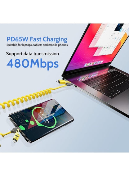 Basemo 4-in-1 Spring Data Cable, 65W USB-C Multi Fast Charging Cable 5FT, Multi 