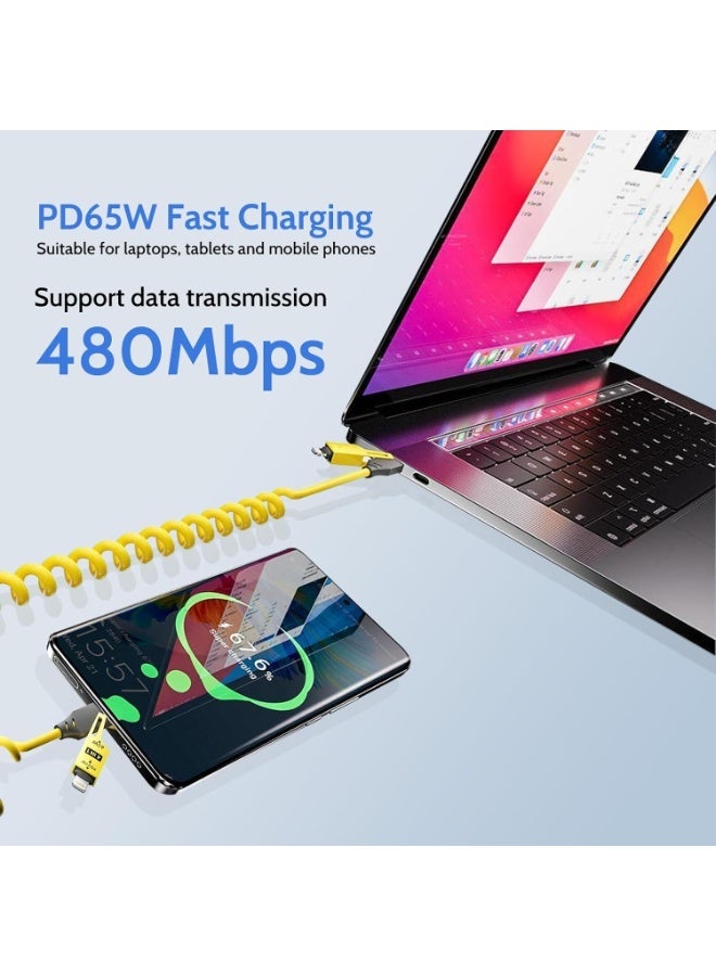 Basemo 4-in-1 Spring Data Cable, 65W USB-C Multi Fast Charging Cable 5FT, Multi 